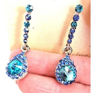 Vtg Sparkle Crystal Earrings Turquoise Blue Green Stones Dangles Prcd Xmas Gift!